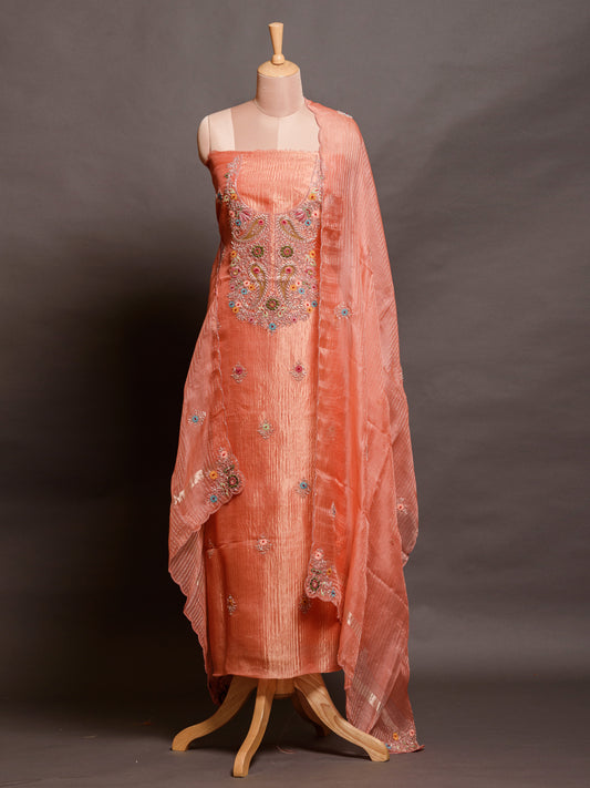 Rust Orange Resham Embroidered Kurta Set with Sequins Details - Unstitched