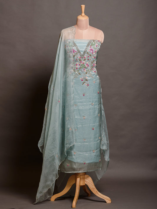 Light Blue Organza Cutdana Kurta Set with Sequins - Unstitched