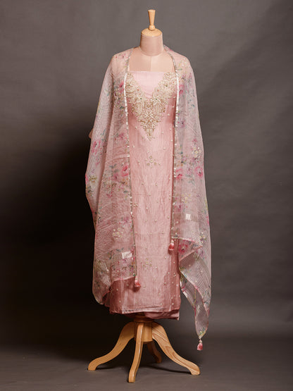 Women's Peach Tissue Kurta Set with Chir & Moti Work - Unstitched