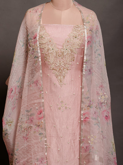 Women's Peach Tissue Kurta Set with Chir & Moti Work - Unstitched