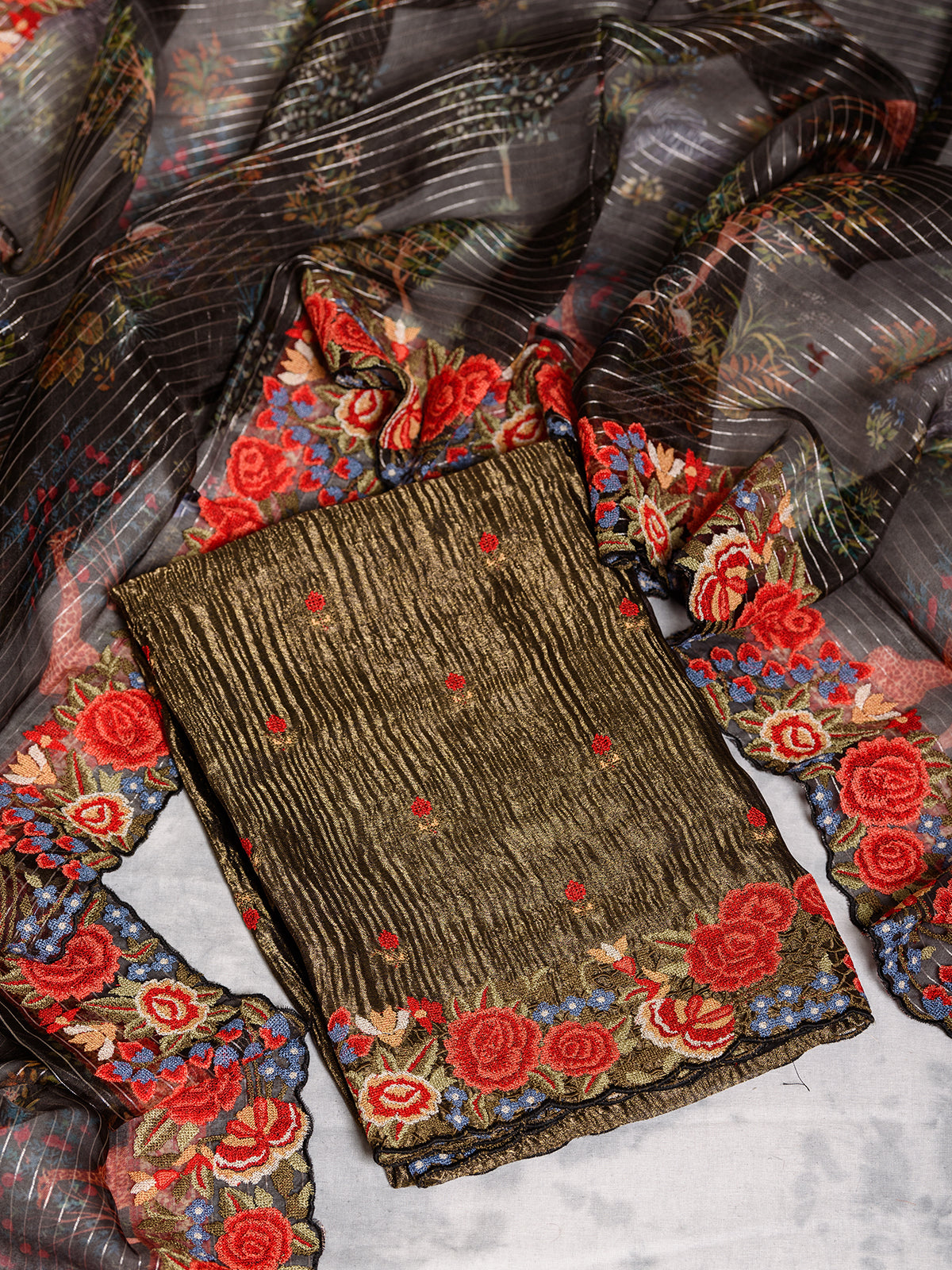 Mehandi Brown Tissue Kurta Set Embroidered with Resham - Unstitched