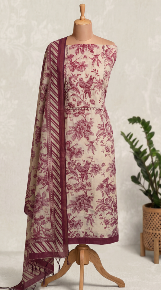 Resham Embroidery Red Chanderi Unstitched Suit Set