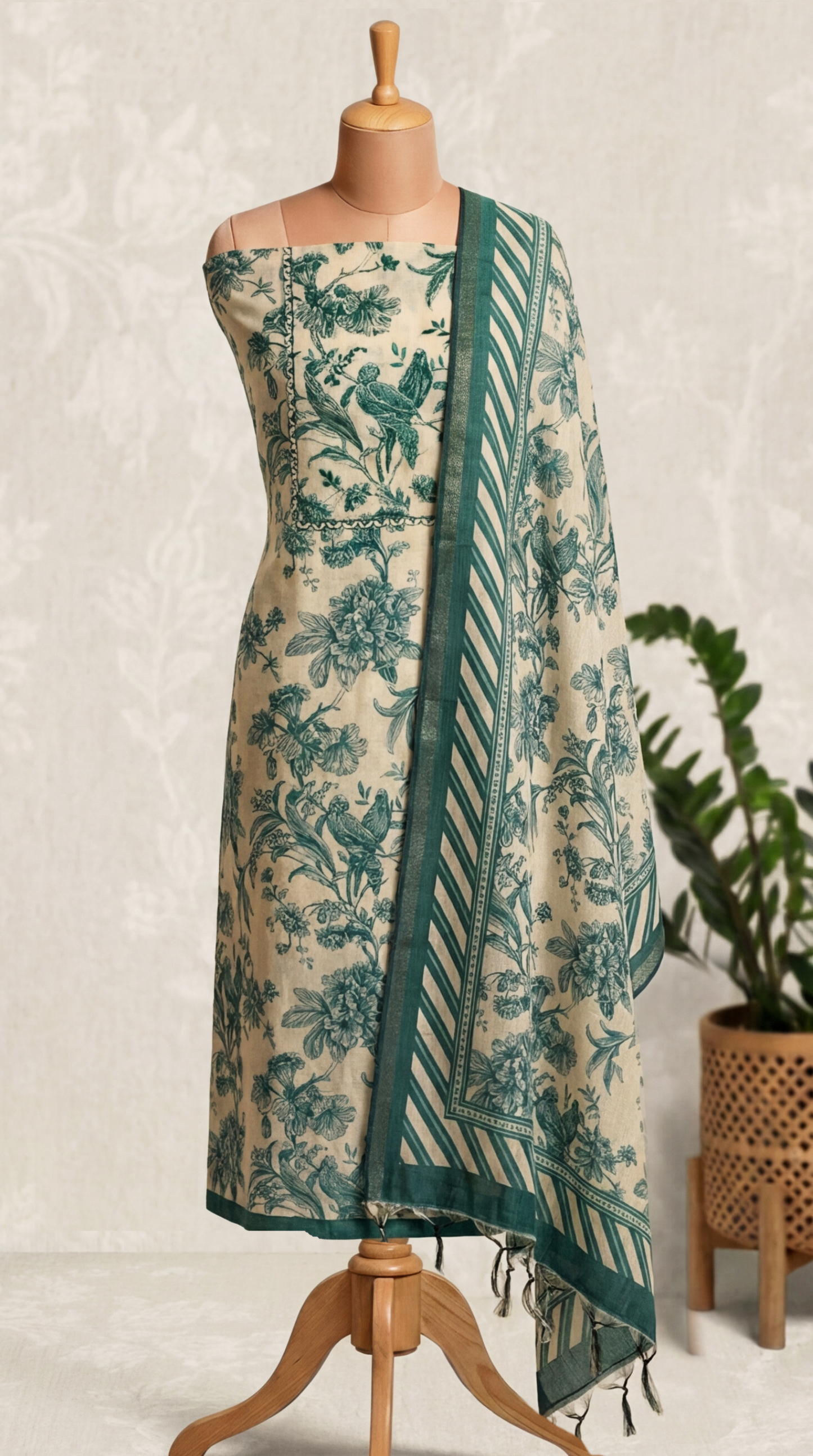 Resham Embroidery Green Chanderi Unstitched Suit Set