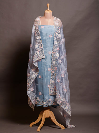 Unstitched Blue Kurta Set with Parsi Embroidery