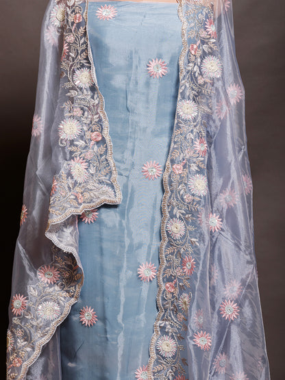 Unstitched Blue Kurta Set with Parsi Embroidery