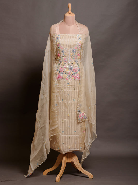 Cream White Shadow Embroidered Organza Kurta Set - Unstitched