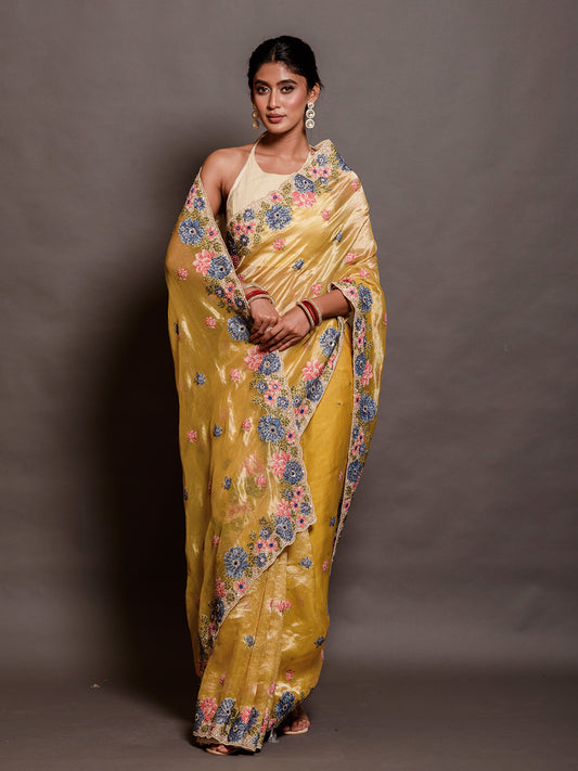 Canary Yellow Tissue Cutdana Saree with Chir Work