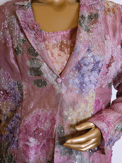 Floral Printed Purple Tissue Jacket Set with Sequins
