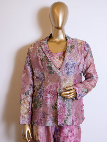 Floral Printed Purple Tissue Jacket Set with Sequins