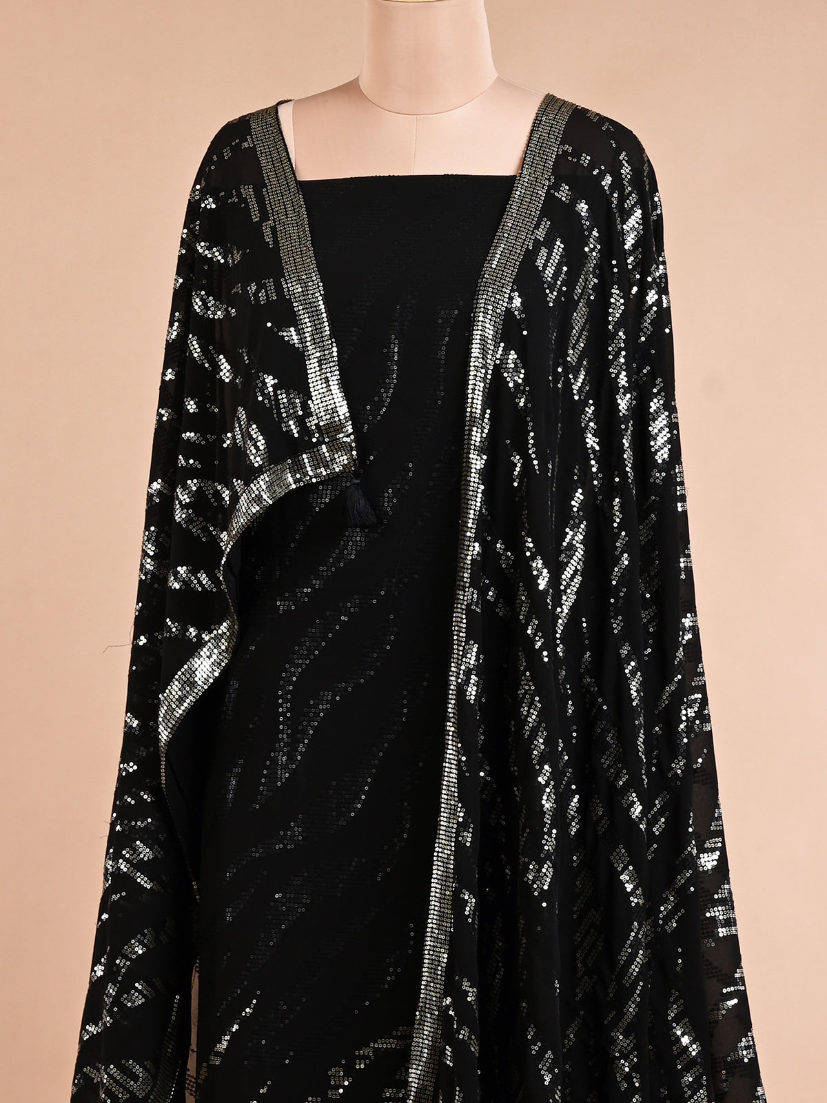 Black Georgette Sequins Detailed Kurta Set - Unstitched