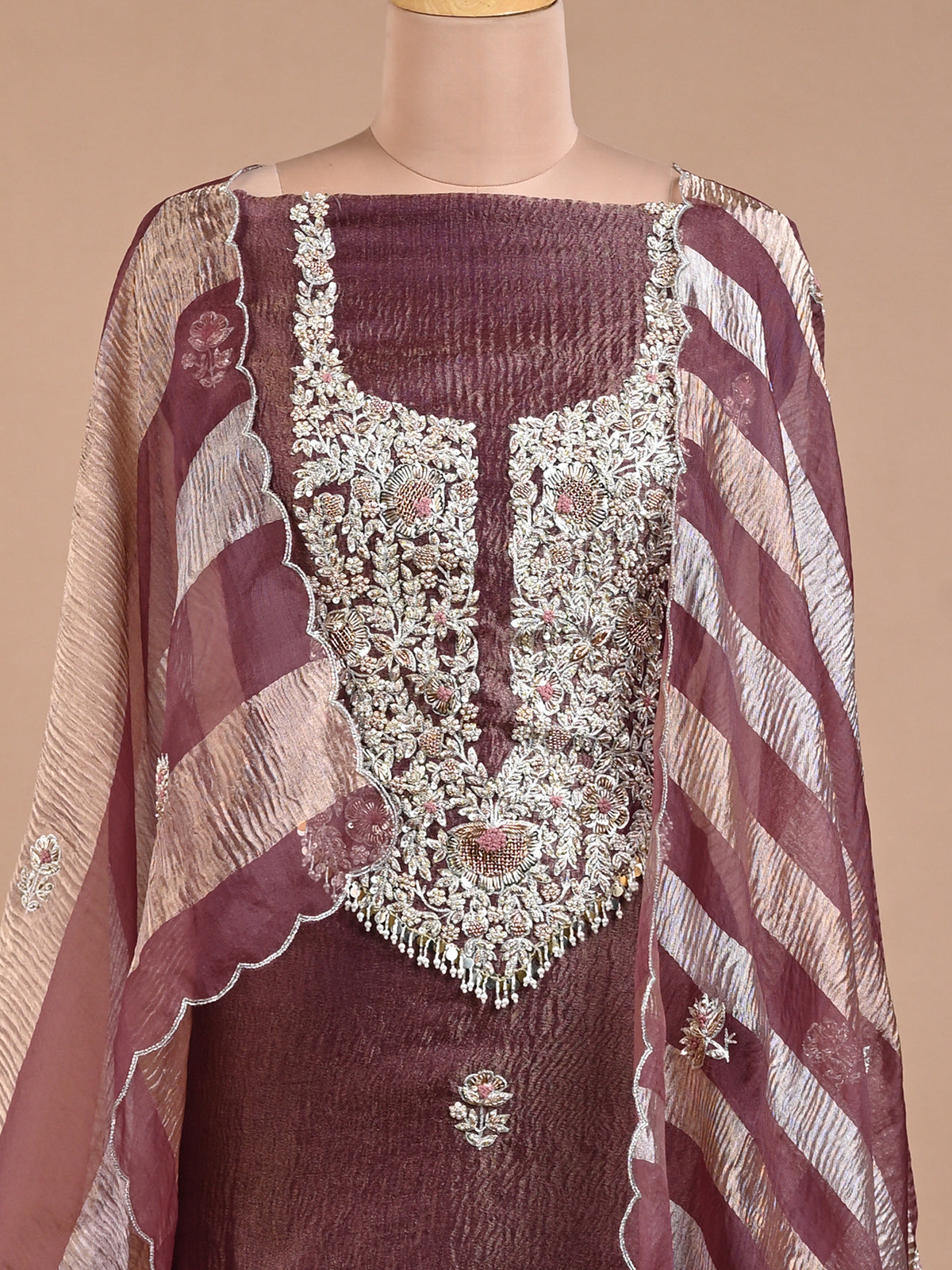 Elegant & Stylish Zardoshi Embroidered Wine Purple Kurta Set - Unstitched