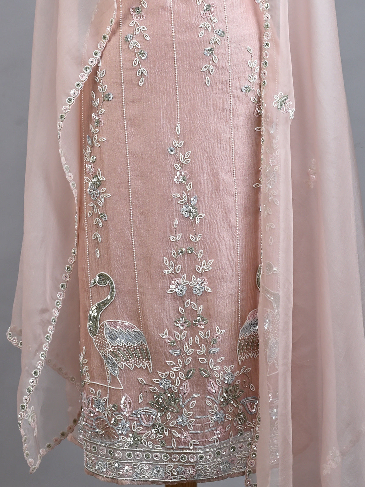 Sequins Detailed Pink Tissue Kurta Set with Cutdana Work - Unstitched