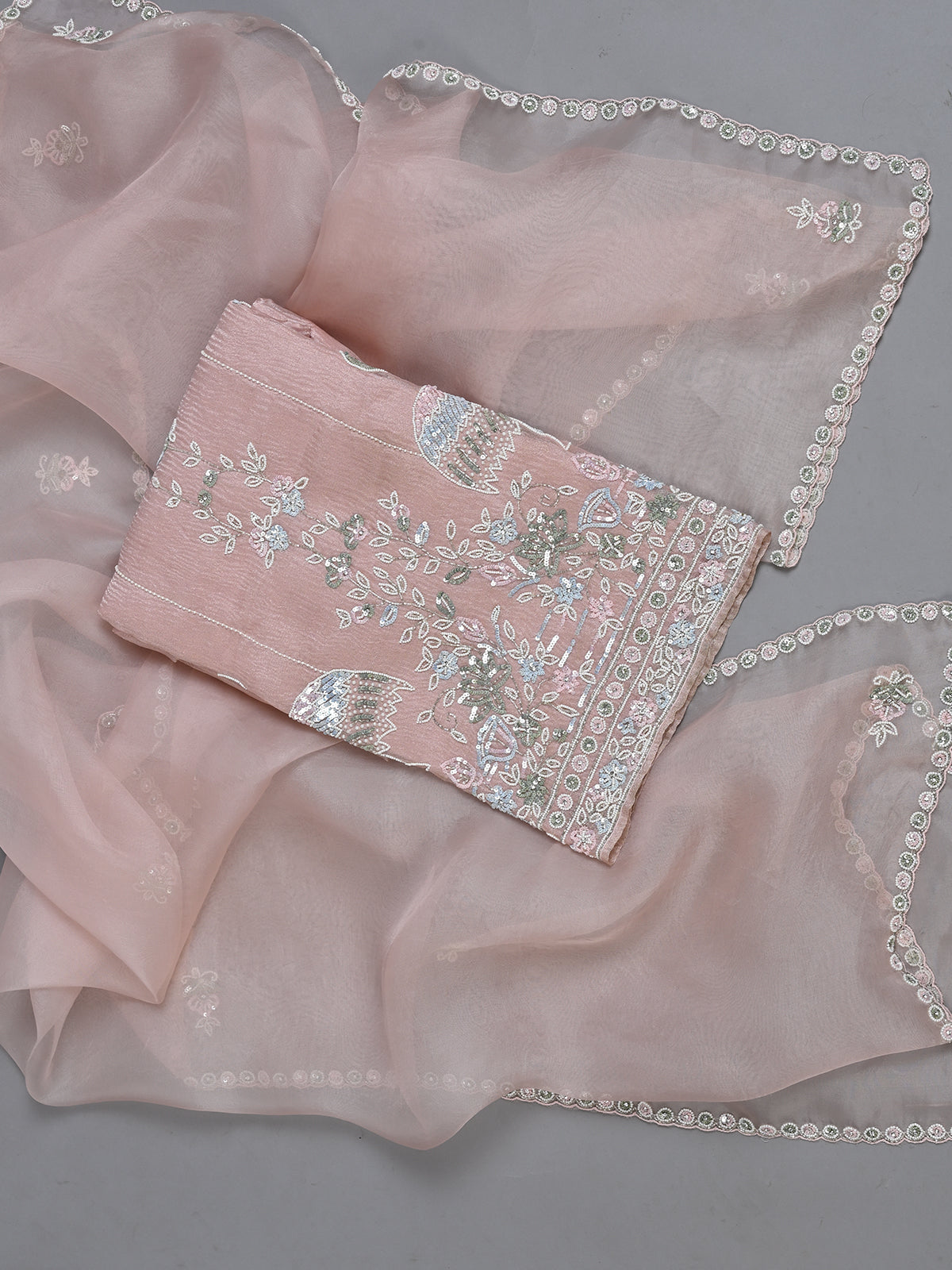 Sequins Detailed Pink Tissue Kurta Set with Cutdana Work - Unstitched