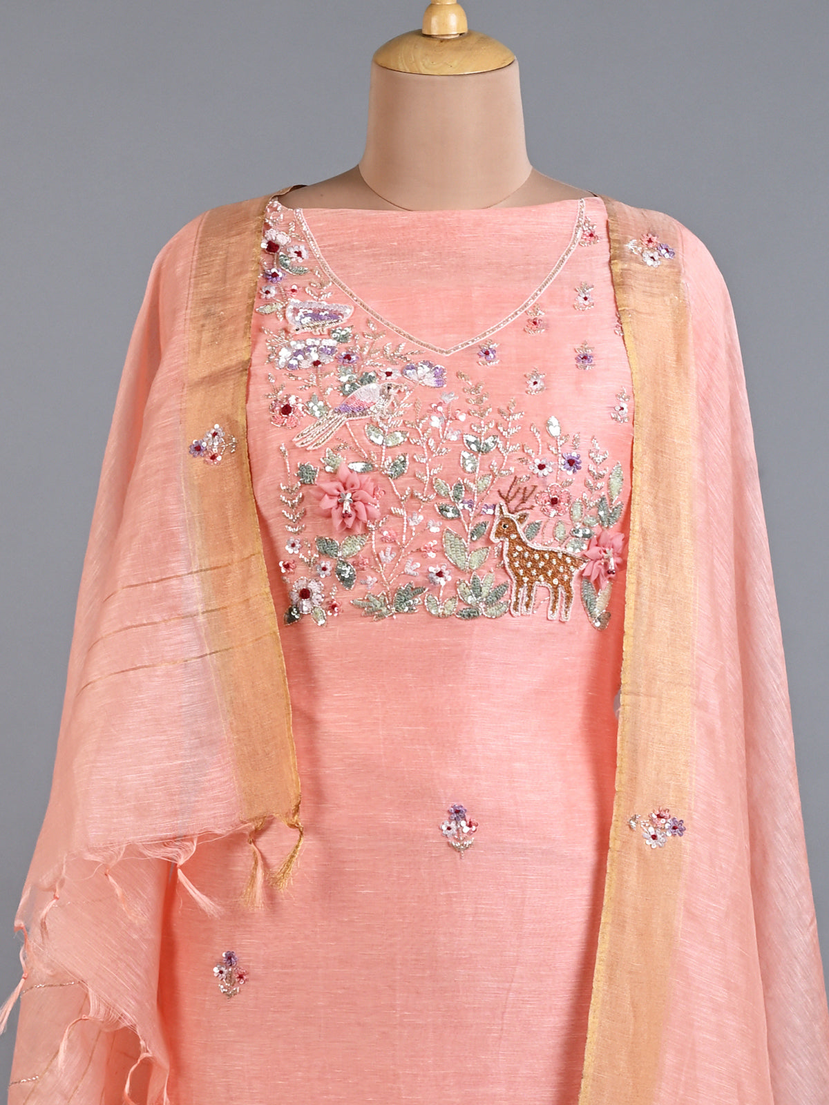 Peach Linen Cutdana Kurta Set with Resham & Sequins Details - Unstitched
