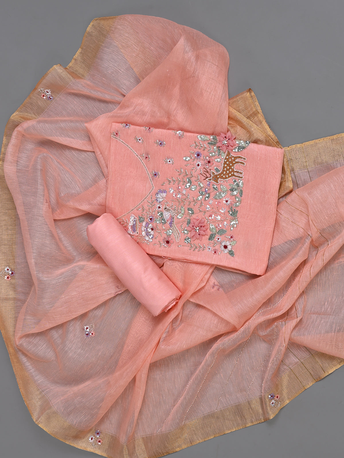 Peach Linen Cutdana Kurta Set with Resham & Sequins Details - Unstitched