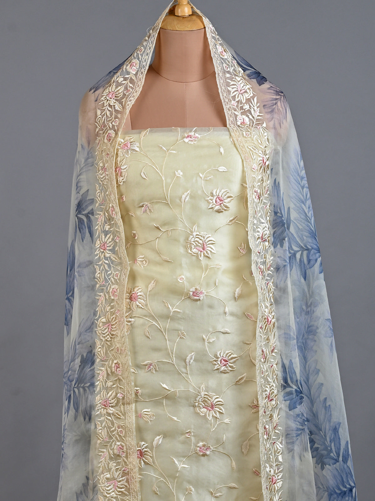 Women's Printed Embroidered Organza Kurta Set in White & Blue - Unstitched