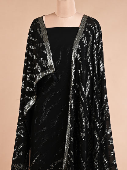 Black Georgette Sequins Detailed Kurta Set - Unstitched