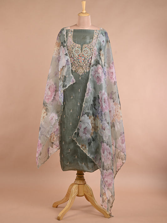 Sage Green Organza Printed Kurta Set with Zardozi Work - Unstitched