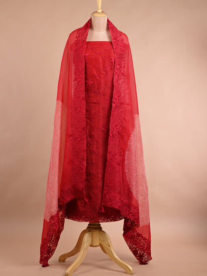 Rose Red Parsi Embroidery Organza Kura Set with Dupatta - Unstitched