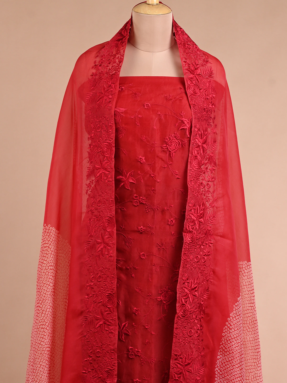 Rose Red Parsi Embroidery Organza Kura Set with Dupatta - Unstitched
