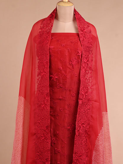 Rose Red Parsi Embroidery Organza Kura Set with Dupatta - Unstitched