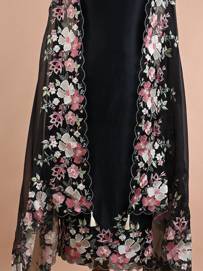 Black Parsi Embroidered Elegant Kurta Set - Unstitched