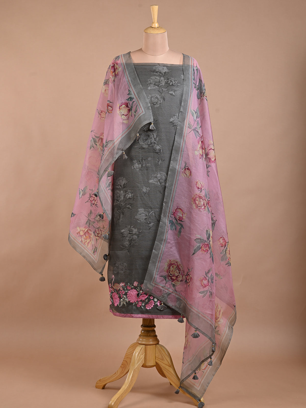 Grey & Pink Printed Kurta Set with Embroidered Work - Unstitched