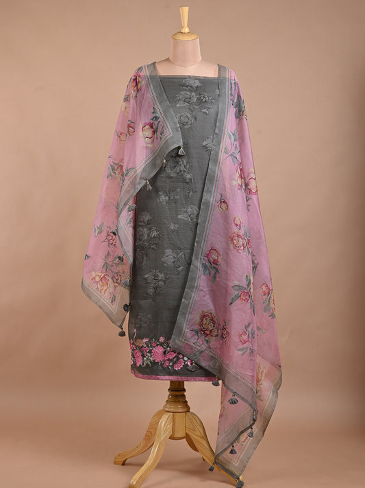 Grey & Pink Printed Kurta Set with Embroidered Work - Unstitched