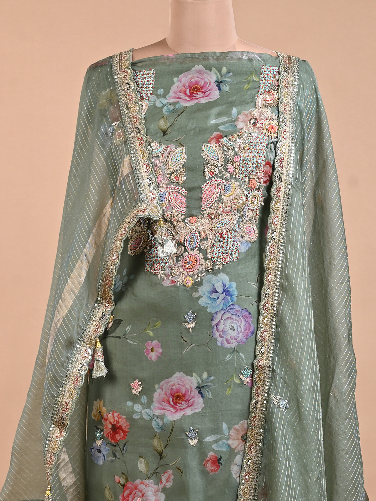 Graceful Green Organza Kurta Set with Zardozi Work - Unstitched