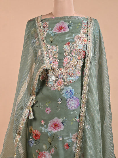 Graceful Green Organza Kurta Set with Zardozi Work - Unstitched