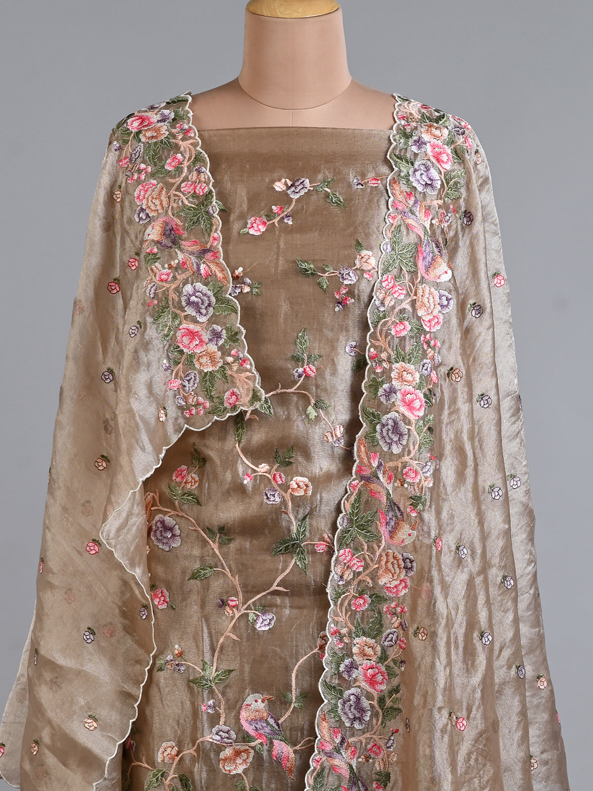 Parsi Embroidered Brown Organza Kurta Set - Unstitched