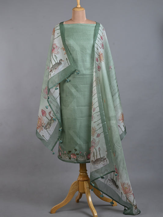 Green Tissue Printed Kurta Set with Embroidery Design Work - Unstitched