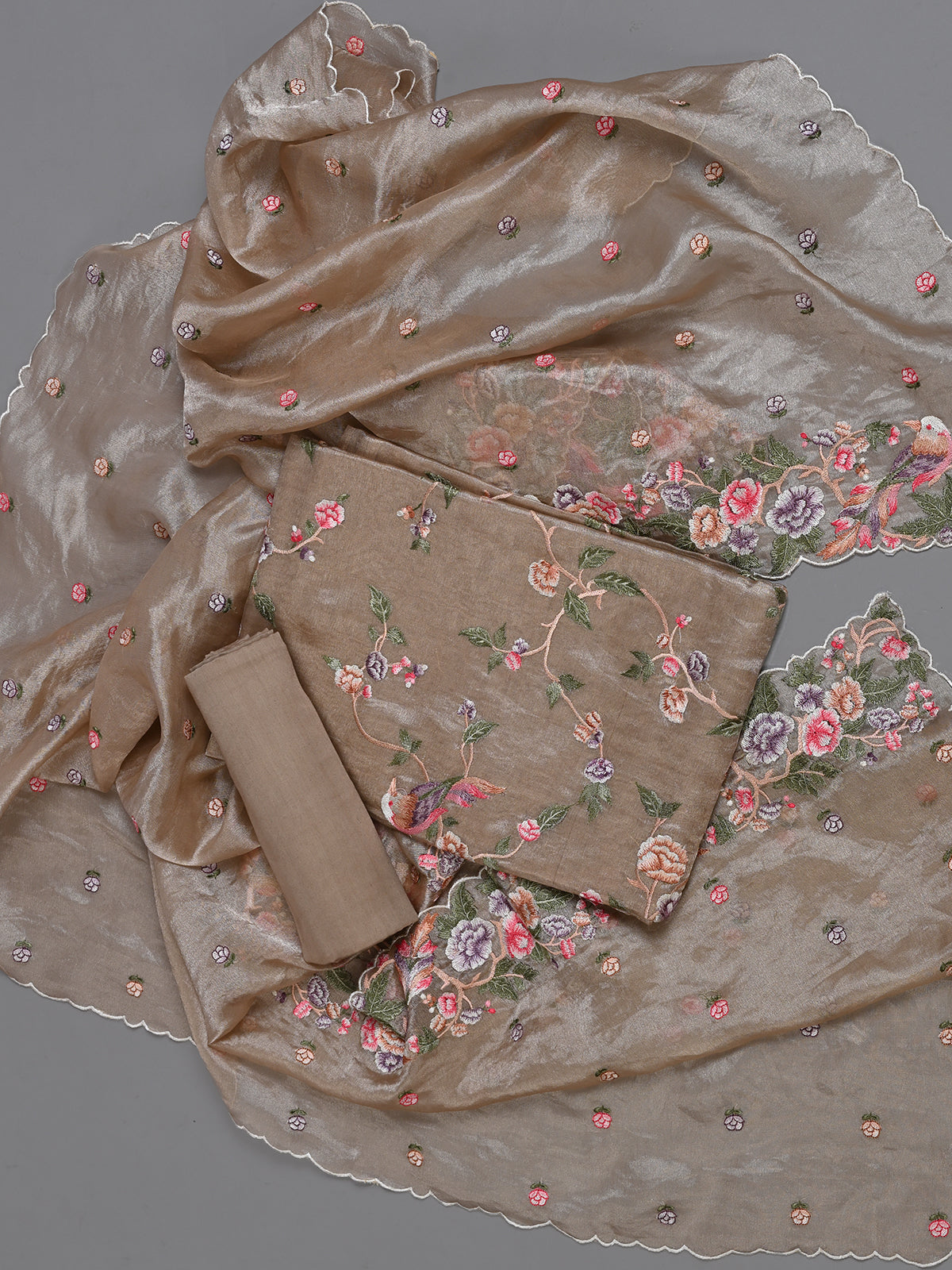 Parsi Embroidered Brown Organza Kurta Set - Unstitched