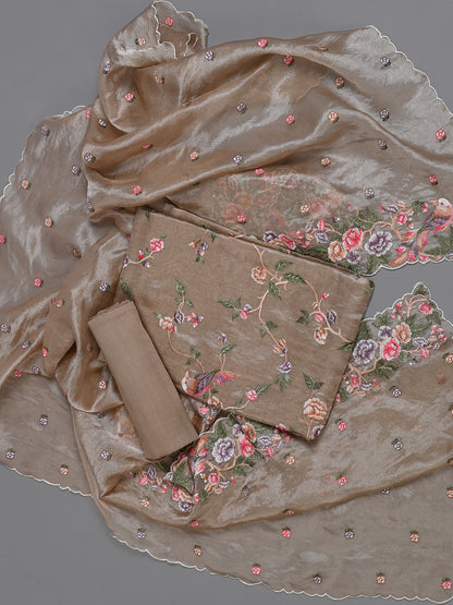Parsi Embroidered Brown Organza Kurta Set - Unstitched