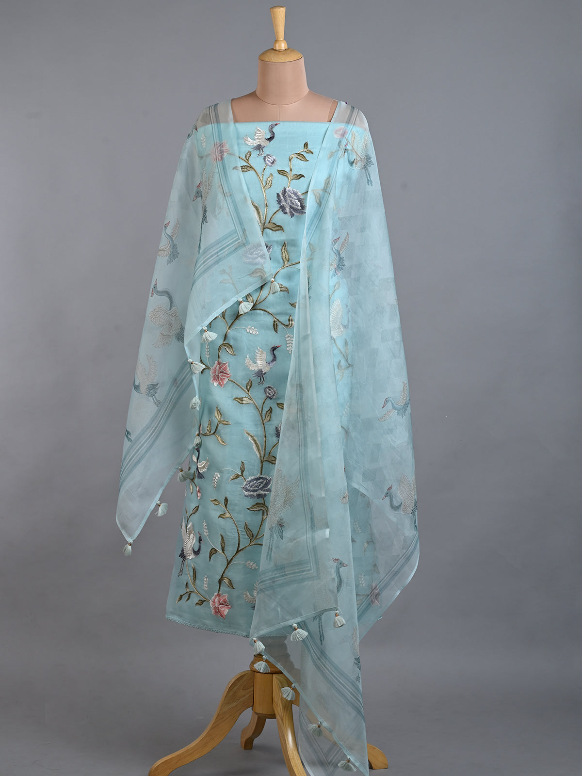 Parsi Embroidered Elegant Light Blue Organza Kurta Set - Unstitched