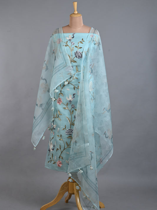 Parsi Embroidered Elegant Light Blue Organza Kurta Set - Unstitched