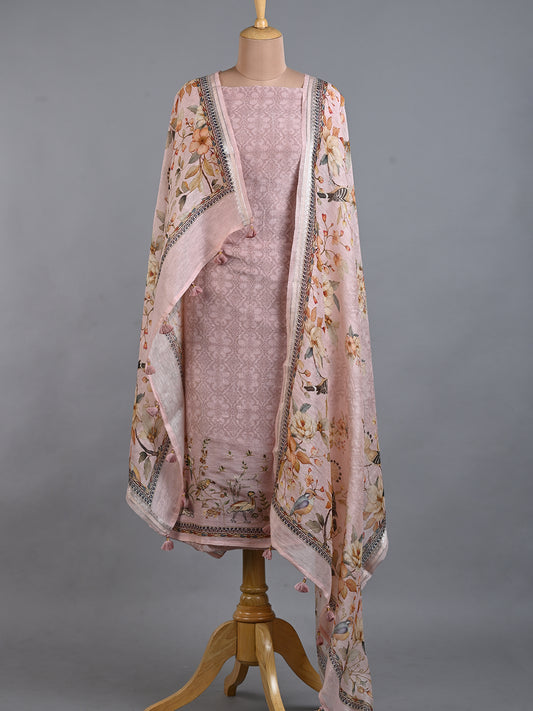 Organza Pink Printed Kurta Set with Embroidered Work - Unstitched