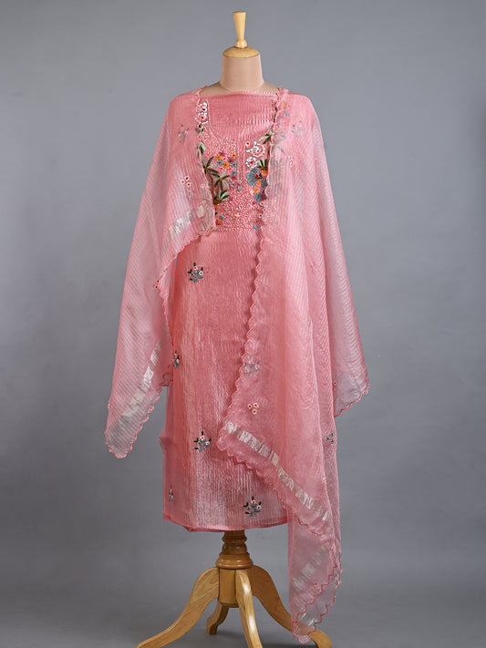 Pink Tissue Cutdana Kurta Set with Resham Work - Unstitched