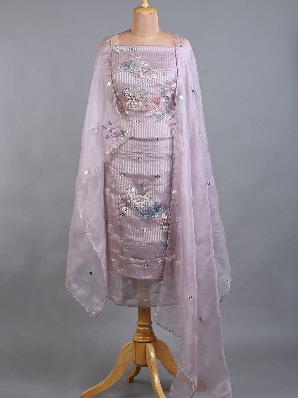 Lavender Purple Tissue Kurta Set with Shadow Work - Unstitched