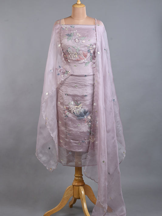 Lavender Purple Tissue Kurta Set with Shadow Work - Unstitched