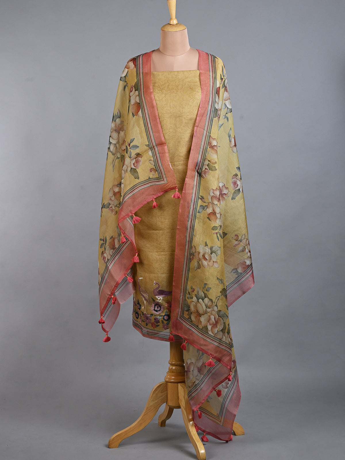 Organza Yellow Printed Kurta Set Embroidered with Resham Work - Unstitched