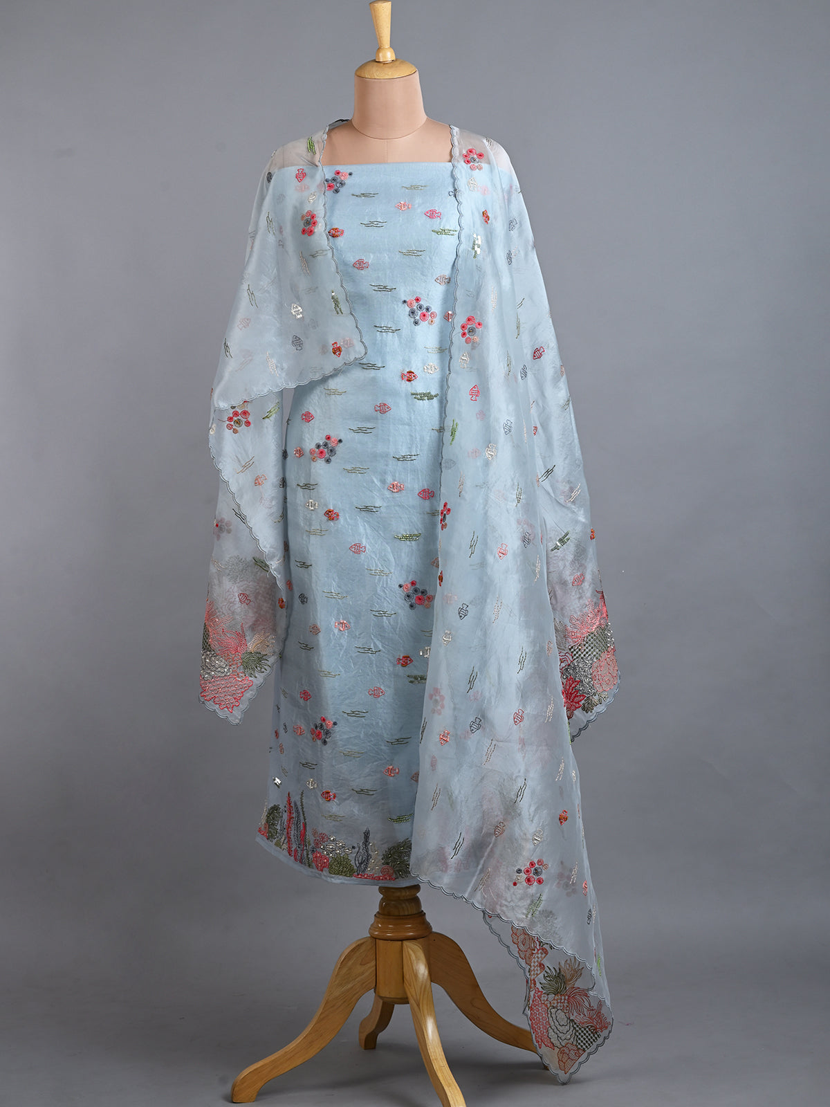 Light Blue Embroidered Organza Kurta Set - Unstitched