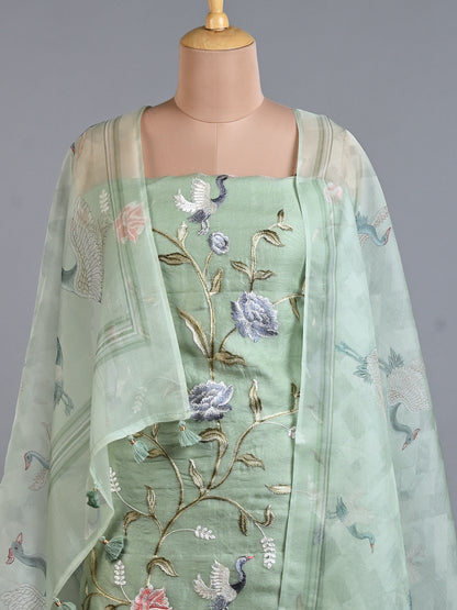 Green Embroidered Organza Kurta Set - Unstitched
