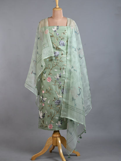 Green Embroidered Organza Kurta Set - Unstitched