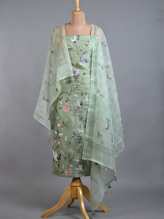 Green Embroidered Organza Kurta Set - Unstitched