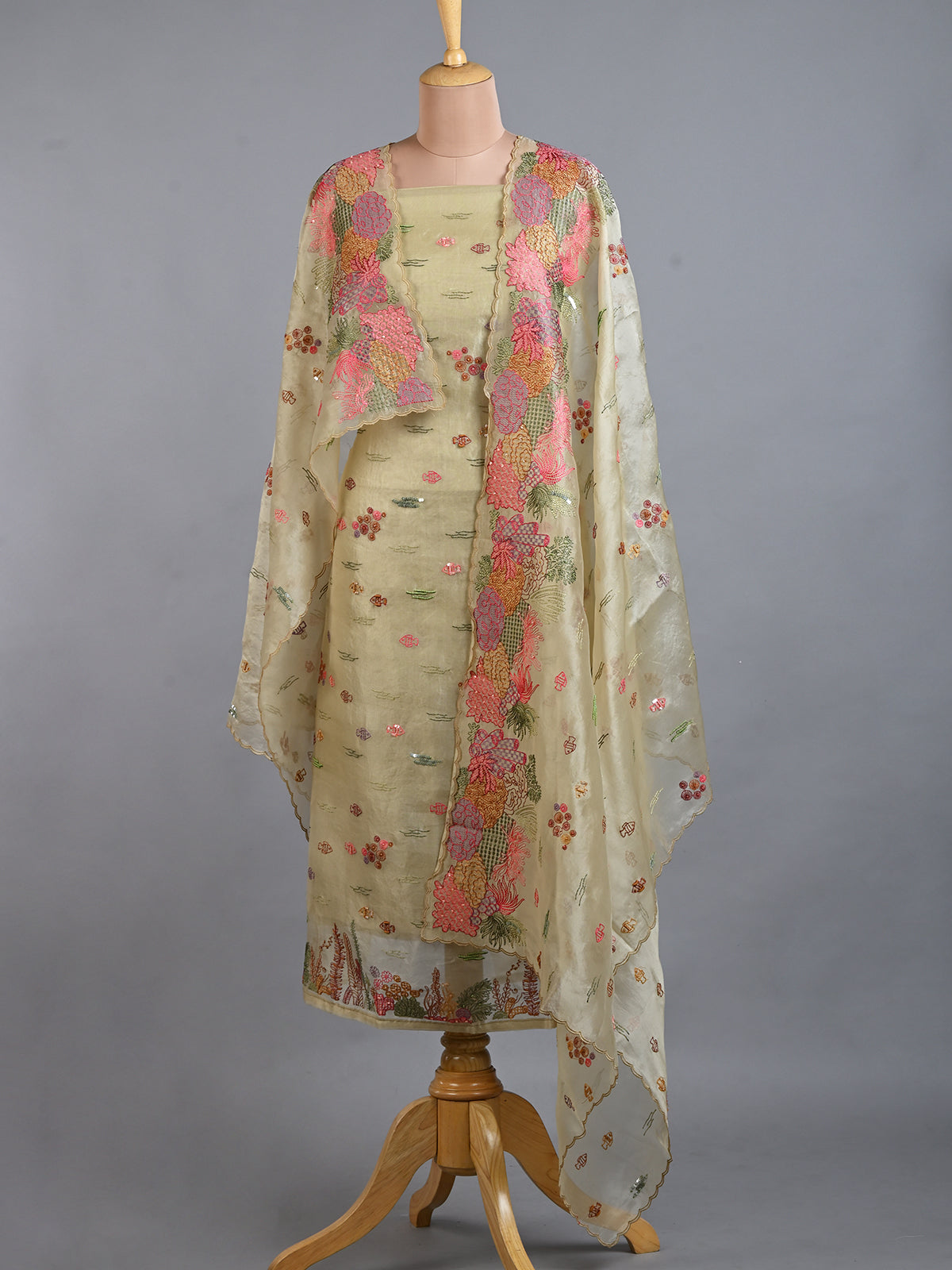 Light Yellow Embroidered Organza Kurta Set - Unstitched