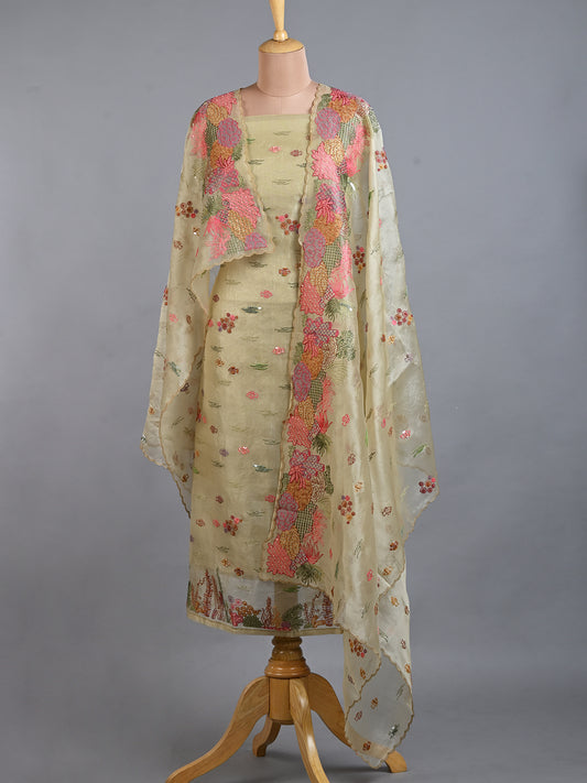 Light Yellow Embroidered Organza Kurta Set - Unstitched