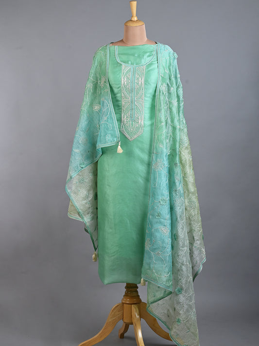 Green Organza Kurta Set with Embroidered Work - Unstitched