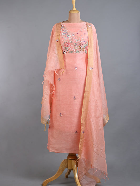 Peach Linen Cutdana Kurta Set with Resham & Sequins Details - Unstitched