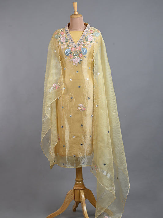 Sequins Detailed Yellow Tissue Kurta Embroidred with Resham Work - Unstitched